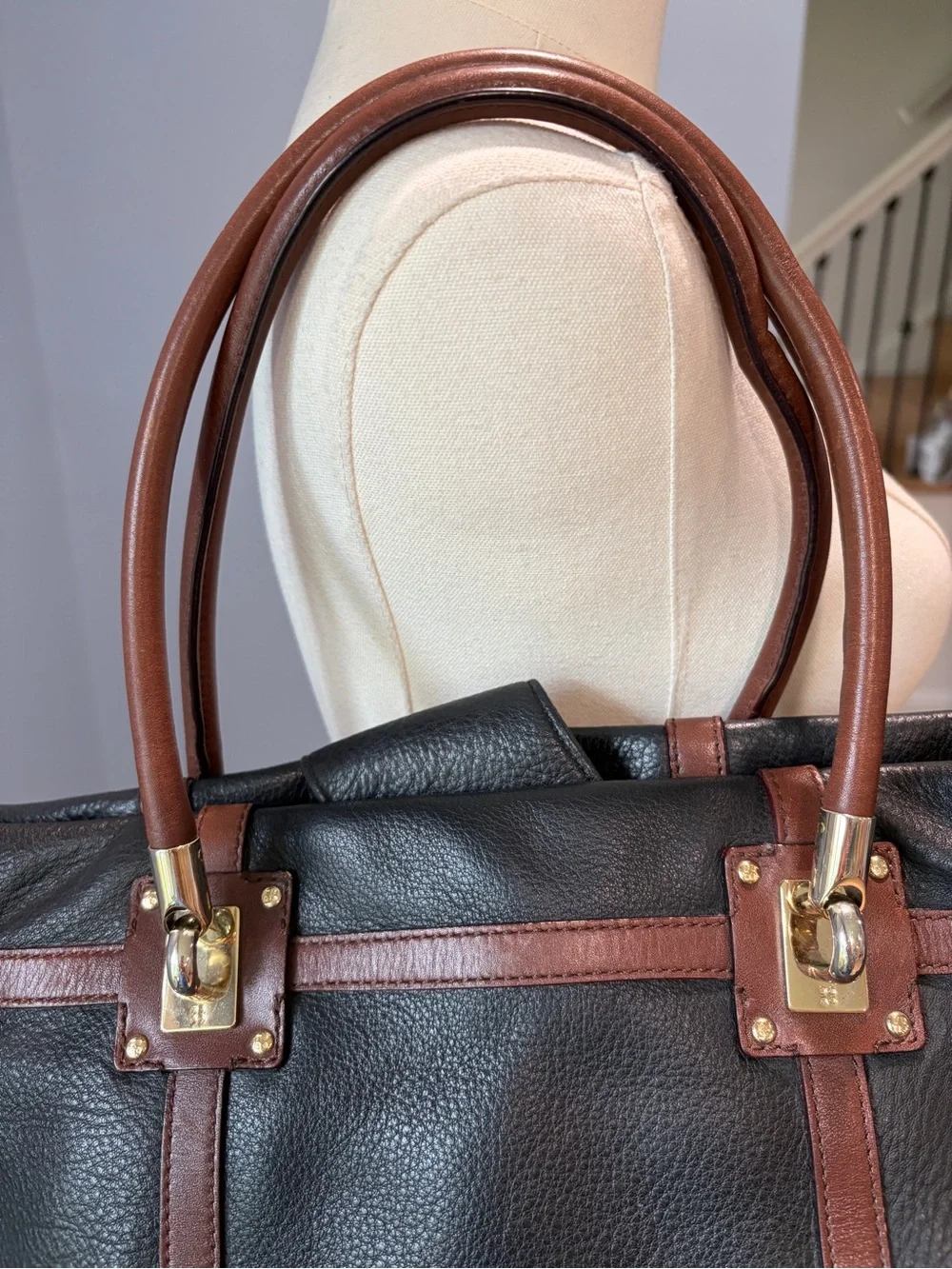 Kate Spade New York Black Pebbled Leather Tote Brown Trim Gold Hardware